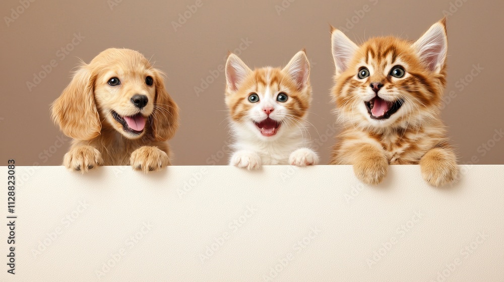 Adorable Puppy and Kittens Peeking Over a Blank Background Adorable Puppy and Kittens Peeking Over a Blank Background