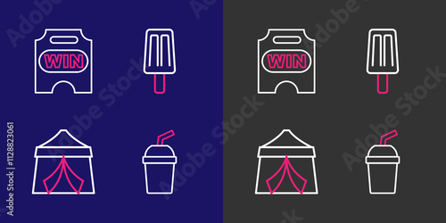 Set line Paper glass with water, Circus tent, Ice cream and ticket icon. Vector