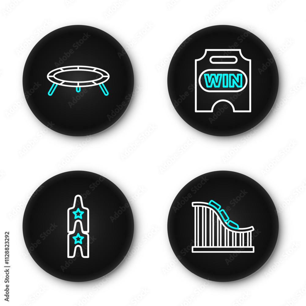 Set line Roller coaster, Boat swing, Circus ticket and Jumping trampoline icon. Vector Set line Roller coaster, Boat swing, Circus ticket and Jumping trampoline icon. Vector