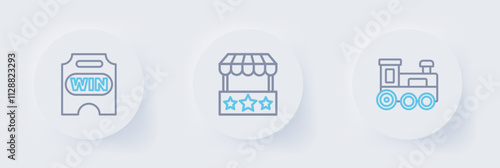 Set line Toy train, Ticket box office and Circus ticket icon. Vector