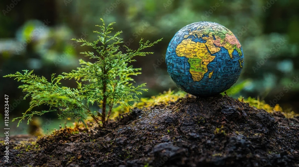 Young Tree Sprout and Globe on Soil Representing Growth and Planet Earth Young Tree Sprout and Globe on Soil Representing Growth and Planet Earth