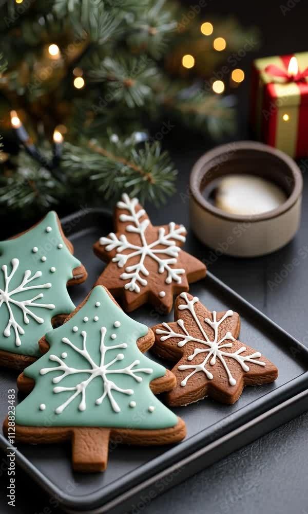 This Colorful Christmas cookies shaped like trees and snowflakes are beautifully arranged on a tray This Colorful Christmas cookies shaped like trees and snowflakes are beautifully arranged on a tray