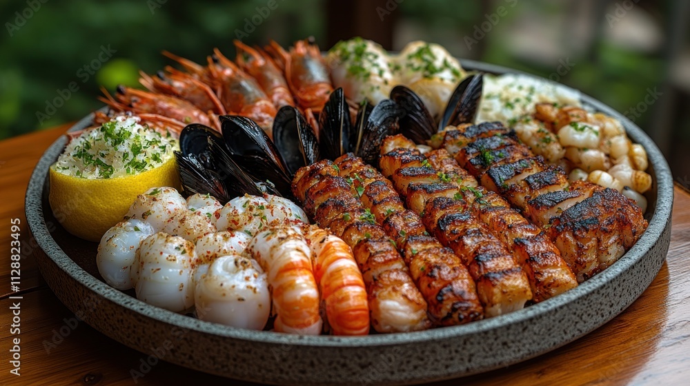 Gourmet seafood platter featuring grilled seafood, shrimp, mussels, scallops, calamari, and other delicacies arranged on a round plate. Gourmet seafood platter featuring grilled seafood, shrimp, mussels, scallops, calamari, and other delicacies arranged on a round plate.