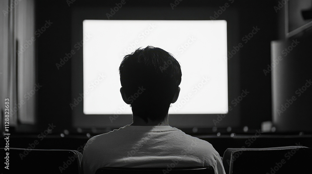 Solitude embraced in a dark movie theater with a glowing white screen Solitude embraced in a dark movie theater with a glowing white screen