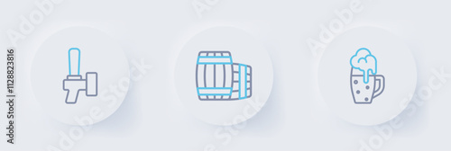 Set line Glass of beer, Wooden barrel and Beer tap icon. Vector