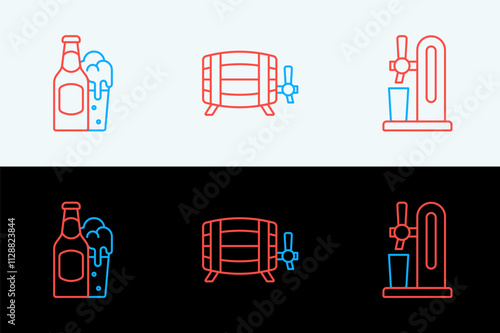Set line Beer tap with glass, bottle and and Wooden barrel icon. Vector