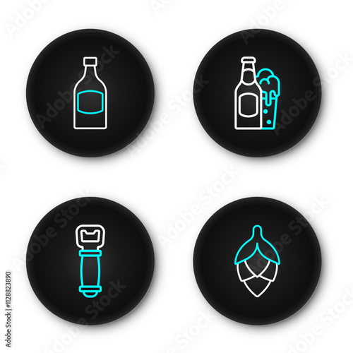 Set line Hop, Bottle opener, Beer bottle and glass and icon. Vector