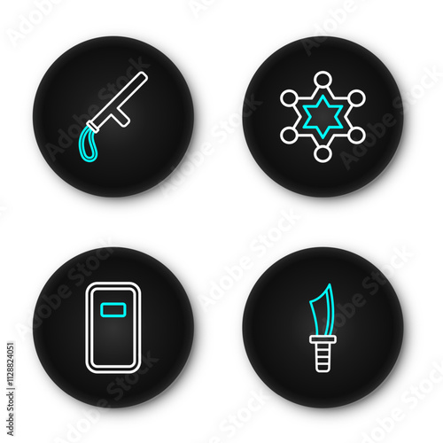 Set line Military knife, Police assault shield, Hexagram sheriff and rubber baton icon. Vector