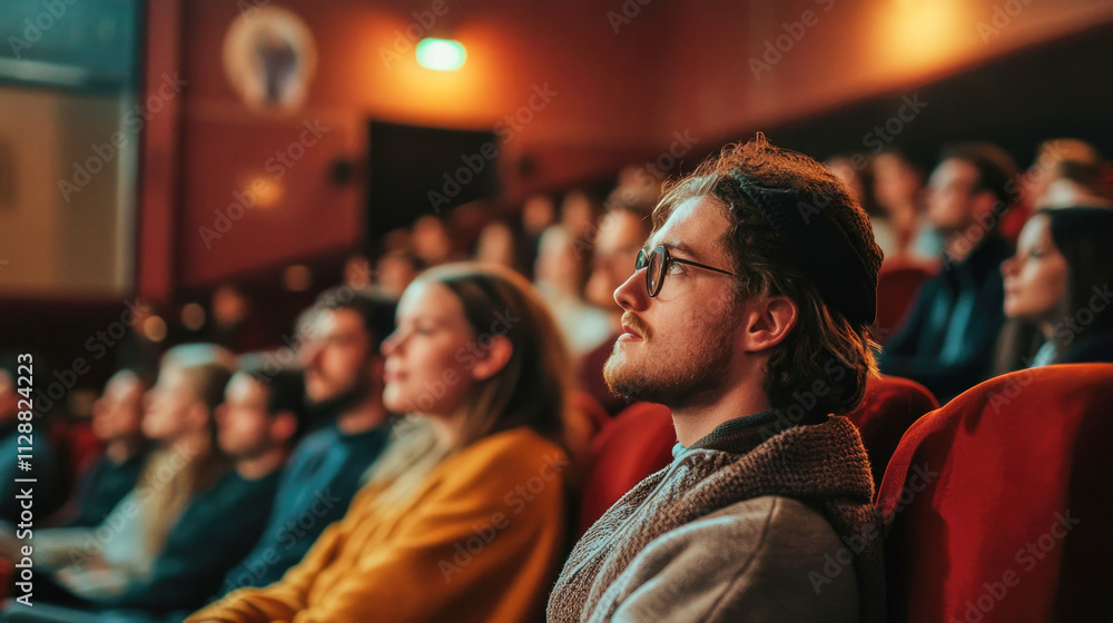 Crisp red velvet seats contrast with softly focused audience at a cinematic experience Crisp red velvet seats contrast with softly focused audience at a cinematic experience