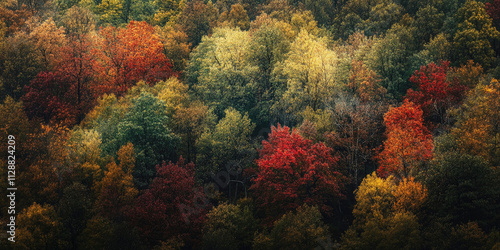 Transition of seasons in a dense forest showing summer greens and autumn colors