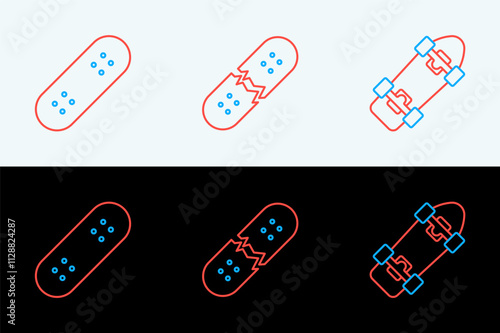 Set line Skateboard, and Broken skateboard deck icon. Vector