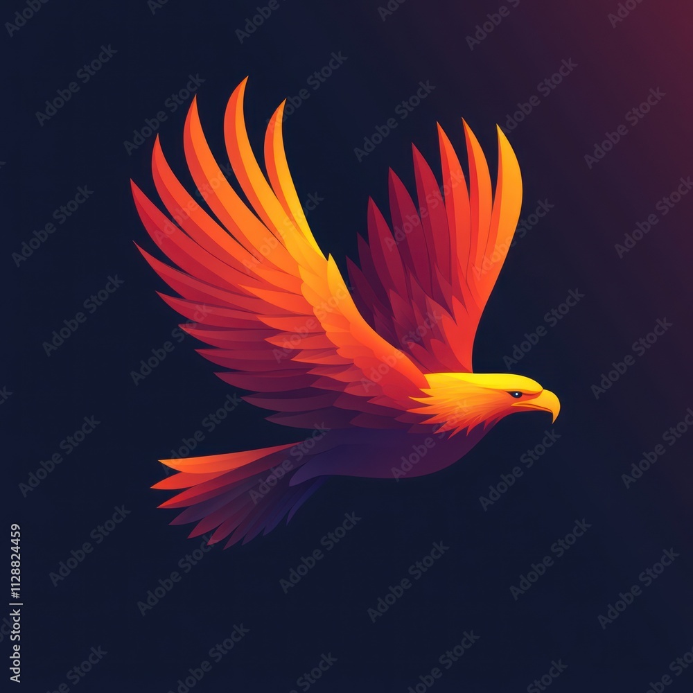 Obraz premium Fiery eagle in flight, vibrant gradient colors, dark background.