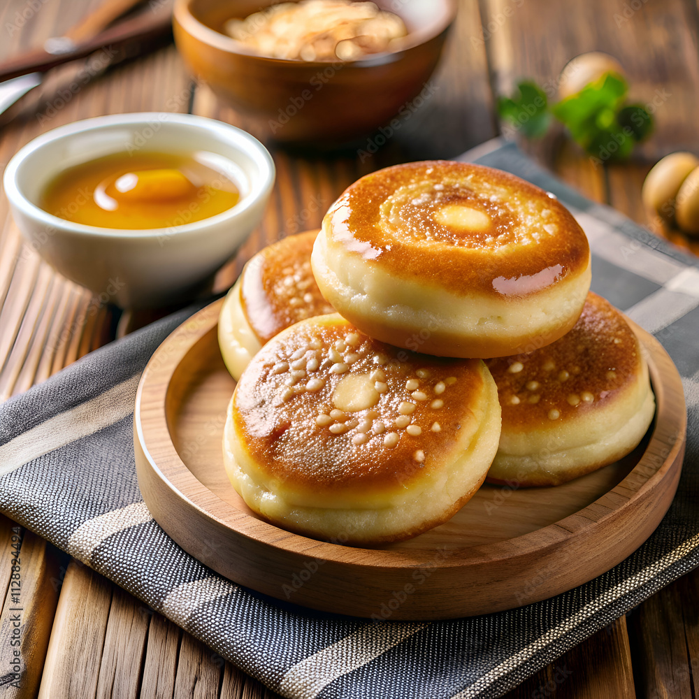 Sweet glazed buns on a wooden plate with honey. Sweet glazed buns on a wooden plate with honey.