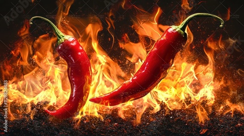 Flaming Red Chili Peppers Above Embers photo