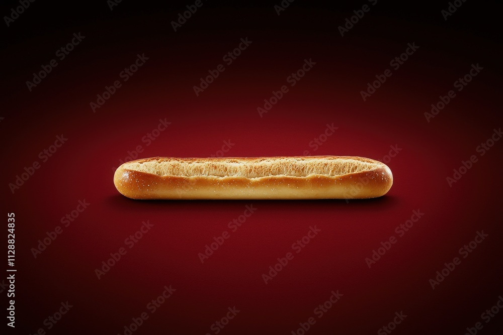 A long, golden breadstick rests on a dark red background, showcasing its crispy exterior and soft inside. Perfect for pairing with sauces or salads during satisfying meals. A long, golden breadstick rests on a dark red background, showcasing its crispy exterior and soft inside. Perfect for pairing with sauces or salads during satisfying meals.