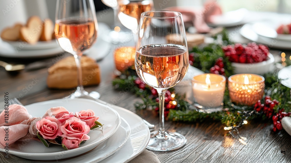 Festive Rose Wine Table Setting, Holiday Dinner Festive Rose Wine Table Setting, Holiday Dinner