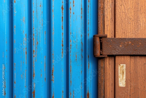 Rusty Brown Metal Door with Blue Background and Textured Surface Detail