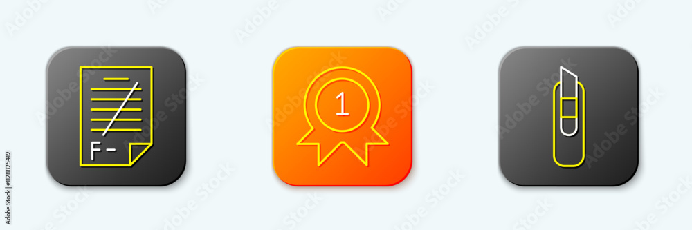 Set line Exam paper with incorrect answers, Medal and Stationery knife icon. Vector Set line Exam paper with incorrect answers, Medal and Stationery knife icon. Vector