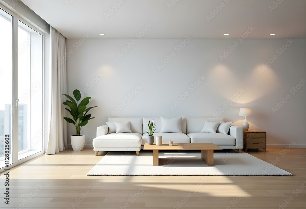 Fototapeta premium A modern, minimalist living room with a large white sofa, wooden coffee table, and potted plant.
