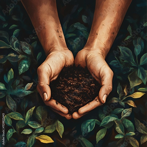 Farmer's hands holding soil and seedlings