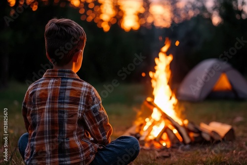 Boy Sitting by a Campfire During Sunset, Enjoying Warmth and Nature in a Relaxing Outdoor Setting with a Tent in the Background