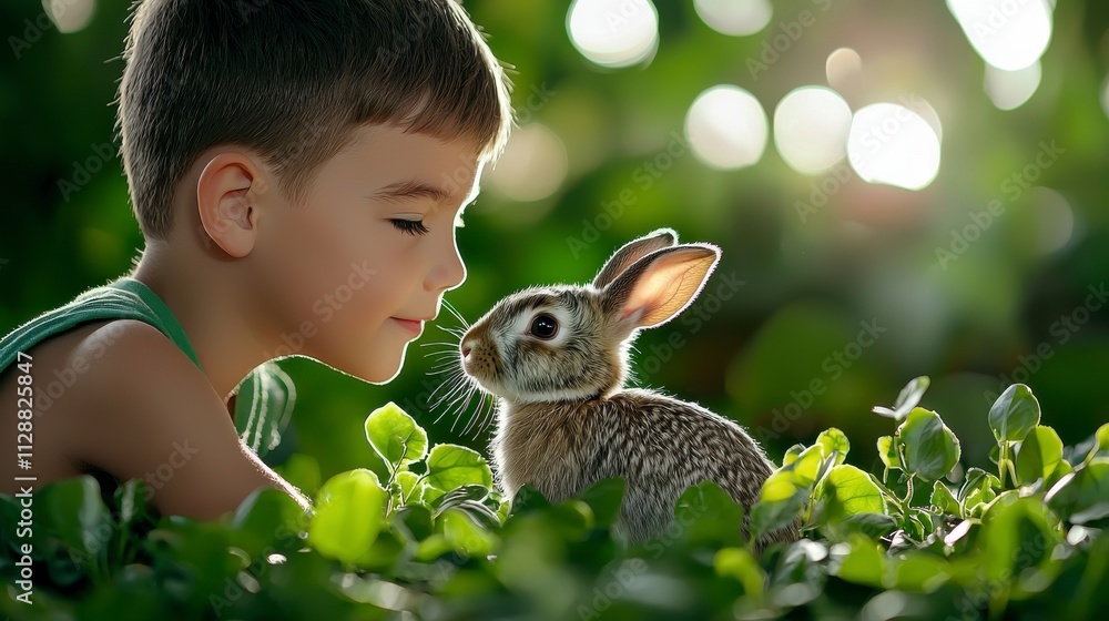 Adorable Child Interacts with Cute Rabbit Amidst Lush Greenery in Bright Natural Light During a Joyful Outdoor Experience of Friendship and Curiosity Adorable Child Interacts with Cute Rabbit Amidst Lush Greenery in Bright Natural Light During a Joyful Outdoor Experience of Friendship and Curiosity