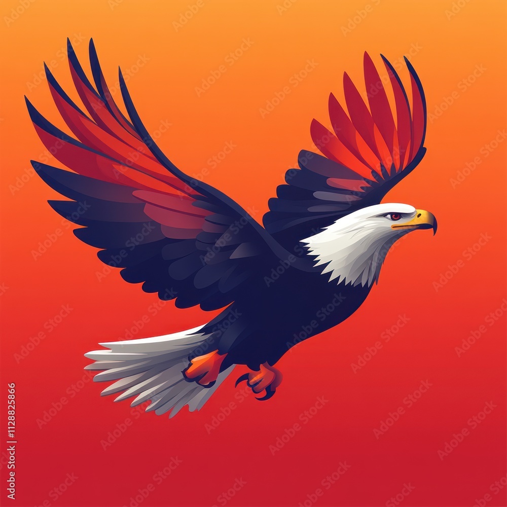 Obraz premium Majestic bald eagle in flight against a fiery orange sunset.