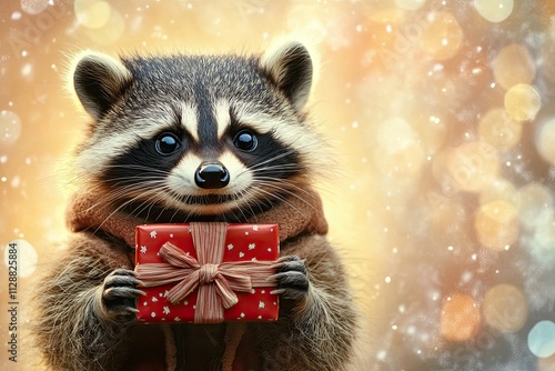 raccoon. with a gift in hand. beautifully packaged box. huge smile. in a tracksuit. on a plain bright festive background.  photo