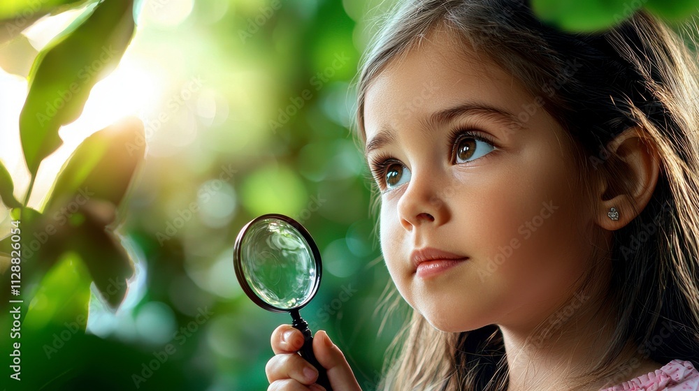 Curious Girl Exploring Nature with a Magnifying Glass Surrounded by Lush Green Leaves and Soft Natural Light, Capturing the Essence of Childhood Wonder and Discovery Curious Girl Exploring Nature with a Magnifying Glass Surrounded by Lush Green Leaves and Soft Natural Light, Capturing the Essence of Childhood Wonder and Discovery