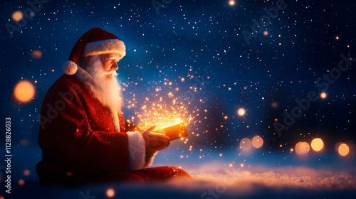 Magic of Christmas with Santa and Radiant Gift under Starry Sky