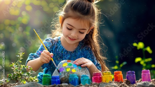 Young girl happily painting a rock with vibrant colors in nature, surrounded by jars of paint and a beautiful outdoor setting filled with sunlight and greenery. photo