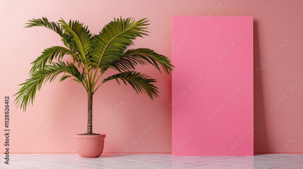 Tropical Plant in Pot Against Pink Wall with Empty Canvas Background Tropical Plant in Pot Against Pink Wall with Empty Canvas Background