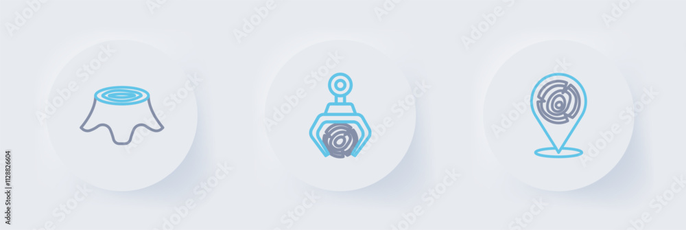 Set line Wooden logs, Grapple crane grabbed a and Tree stump icon. Vector Set line Wooden logs, Grapple crane grabbed a and Tree stump icon. Vector