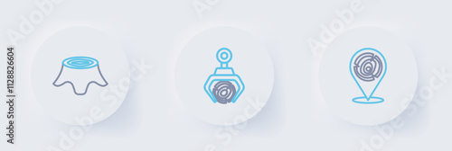 Set line Wooden logs, Grapple crane grabbed a and Tree stump icon. Vector
