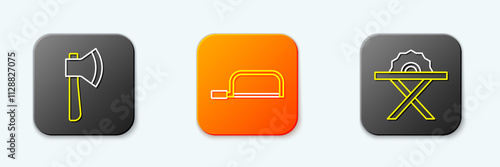 Set line Wooden axe, Hacksaw and Electric circular icon. Vector