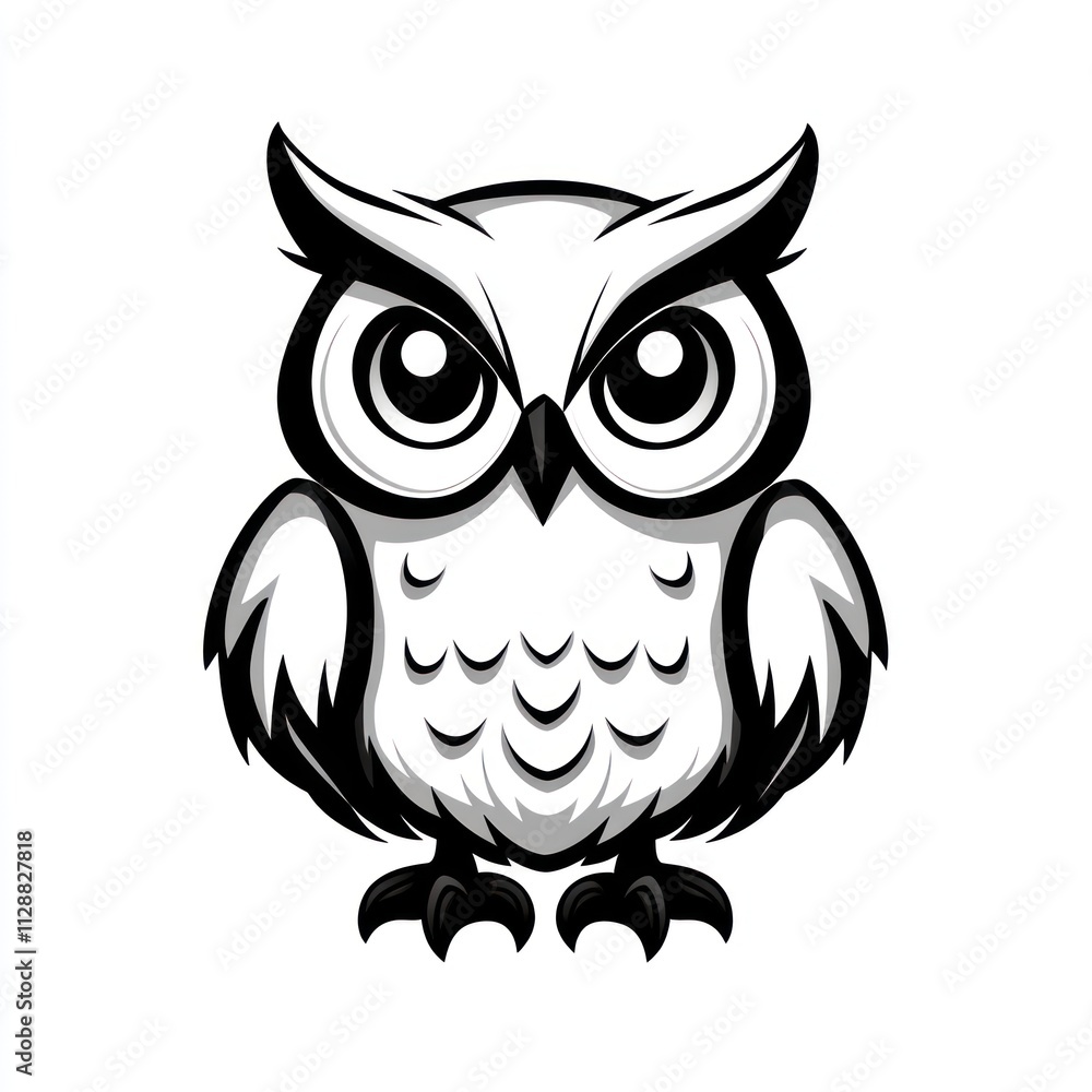 Fototapeta premium Cute cartoon owl illustration, black and white design. (1)