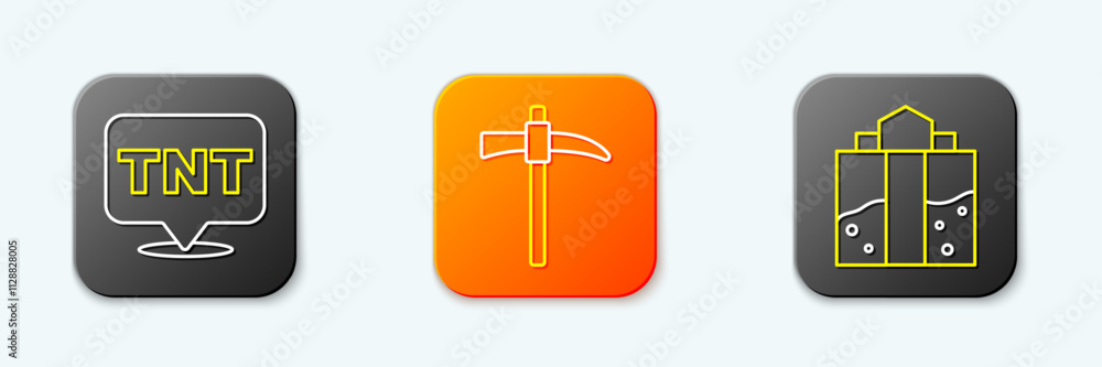 Set line Dynamite, Pickaxe and Mine entrance icon. Vector Set line Dynamite, Pickaxe and Mine entrance icon. Vector