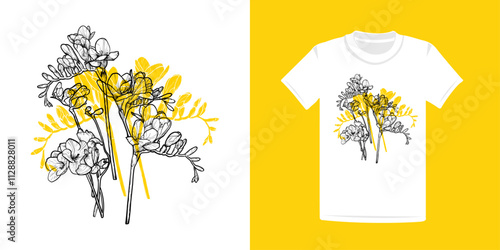 T-shirt design with line art and flat fill vector freesias. Hand drawn freesias bouquet for textile and apparel print. Can be used in both online and print projects. 