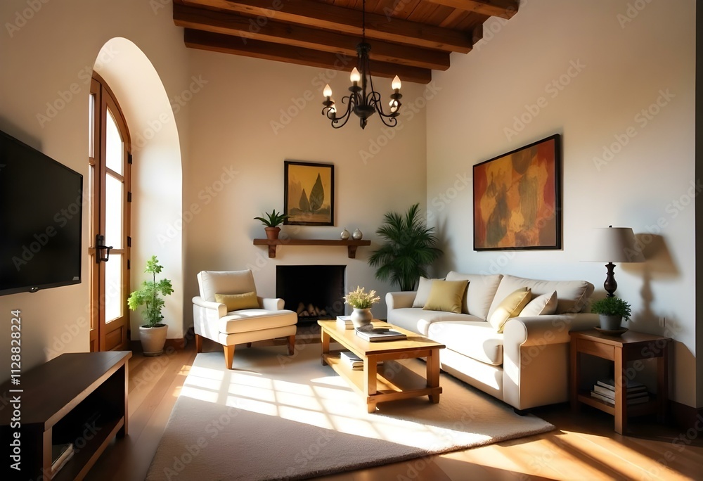 A cozy and rustic living room with wooden beams on the ceiling, arched windows, and a chandelier. A cozy and rustic living room with wooden beams on the ceiling, arched windows, and a chandelier.