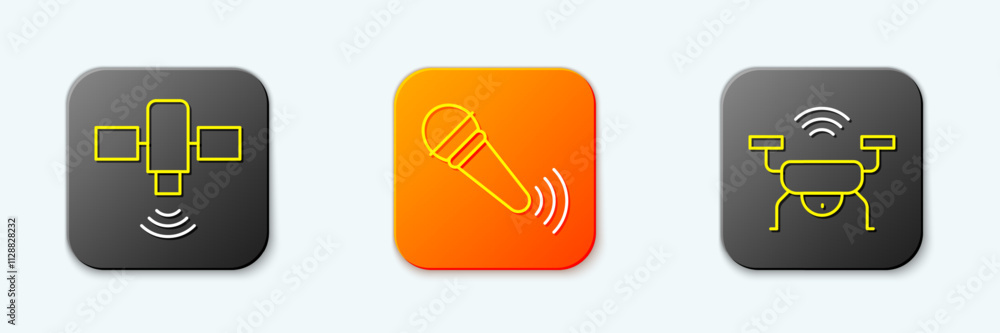 Set line Satellite, Wireless microphone and Smart drone system icon. Vector Set line Satellite, Wireless microphone and Smart drone system icon. Vector
