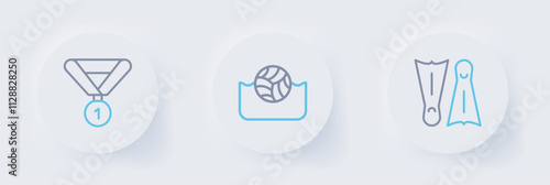 Set line Flippers for swimming, Water polo and Medal icon. Vector
