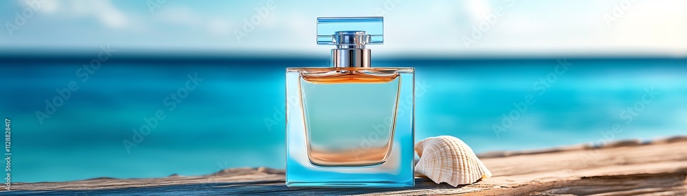 A beachinspired perfume bottle resting on a driftwood plank, with a seashell stopper A beachinspired perfume bottle resting on a driftwood plank, with a seashell stopper