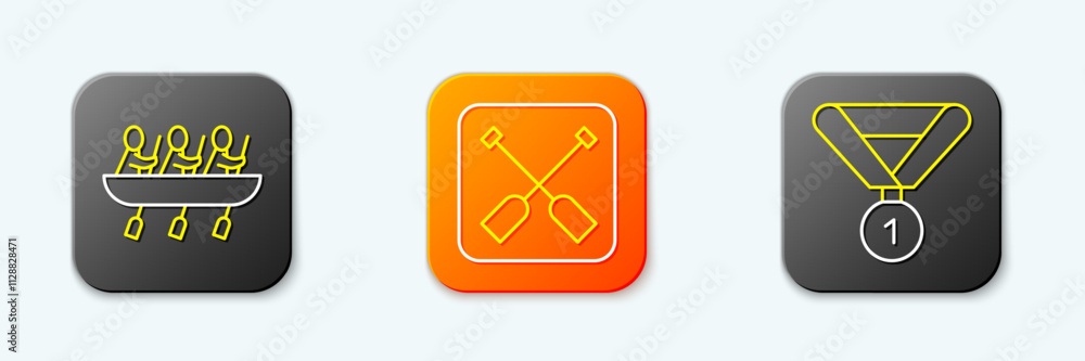 Set line Canoe rowing team sports, Paddle and Medal icon. Vector Set line Canoe rowing team sports, Paddle and Medal icon. Vector