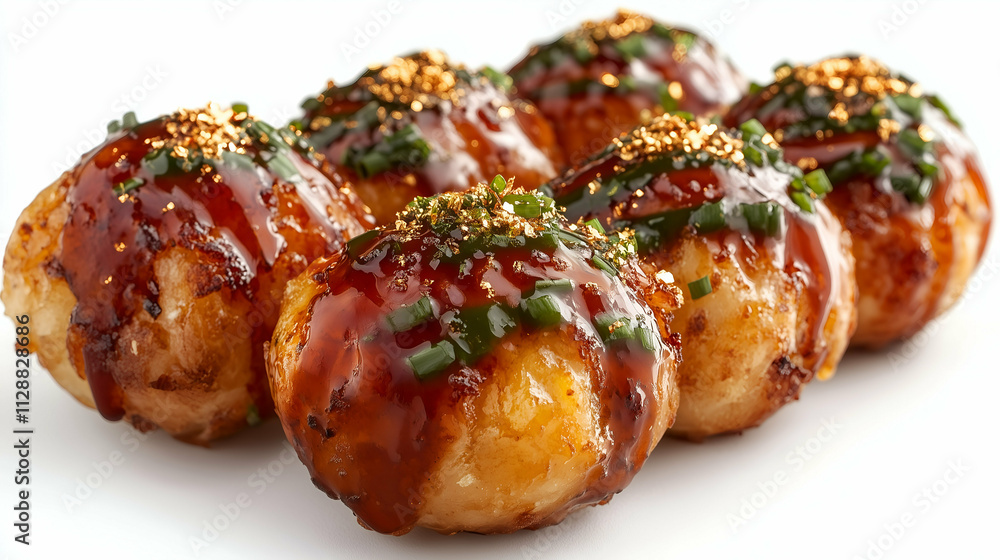 Golden Takoyaki Balls with Rich Sauce and Garnishes - A close-up of golden takoyaki balls drizzled with rich, glossy sauce and sprinkled with fresh chives and golden flakes. Golden Takoyaki Balls with Rich Sauce and Garnishes - A close-up of golden takoyaki balls drizzled with rich, glossy sauce and sprinkled with fresh chives and golden flakes.