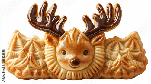 A festive reindeer-shaped pastry adorned with glossy chocolate antlers and detailed designs resembling trees. Perfectly crafted as a delightful holiday-themed dessert. photo