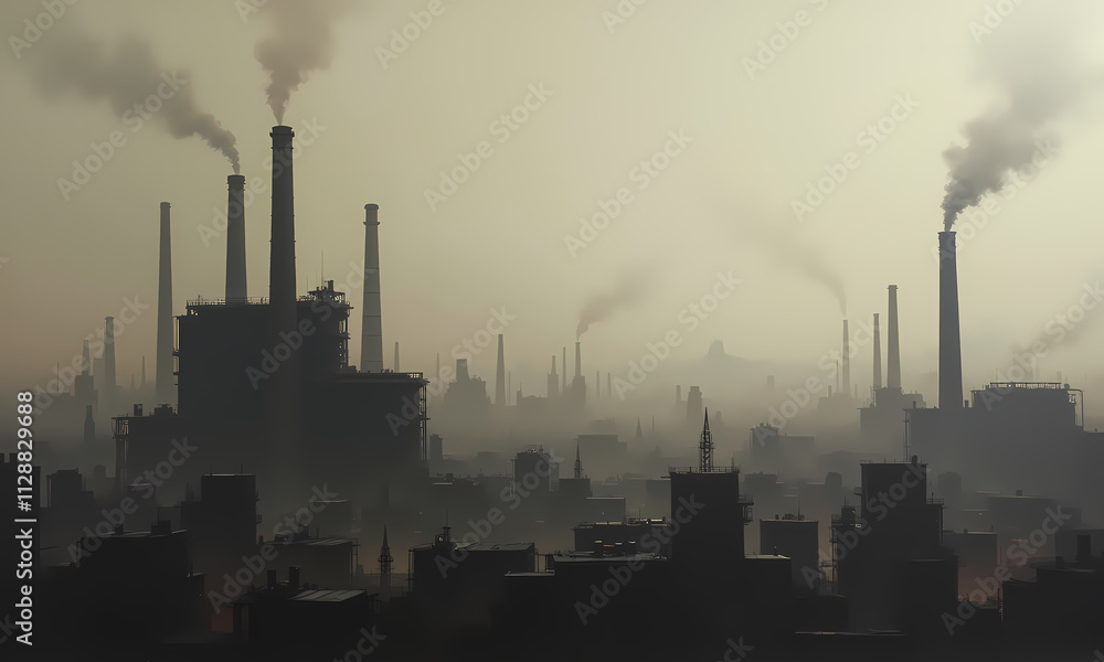 Dense industrial landscape with smokestacks and factories shrouded in pollution and fog Dense industrial landscape with smokestacks and factories shrouded in pollution and fog