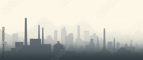 Minimalistic industrial skyline silhouette in a foggy landscape