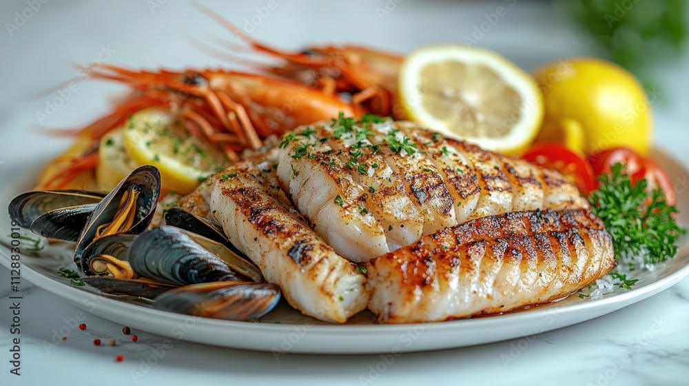 Grilled fish fillet with prawns, mussels, and lemon. Grilled fish fillet with prawns, mussels, and lemon.