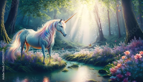 Unicorns graze in fields of blooming flowers.  