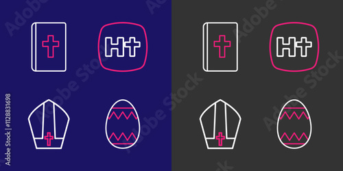 Set line Easter egg, Pope hat, Christian cross and Holy bible book icon. Vector